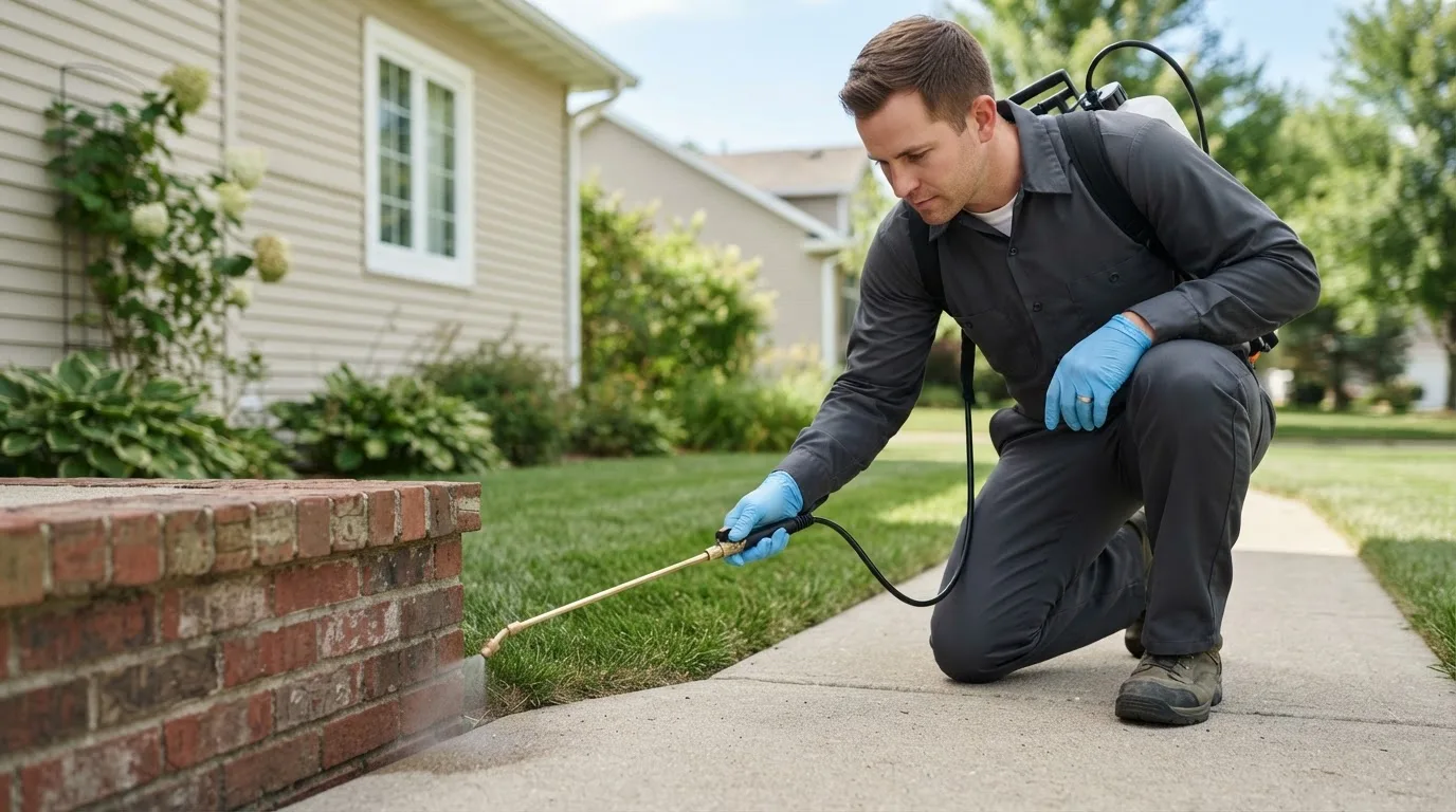 Pest control technician treating a home near Mcintire, IA