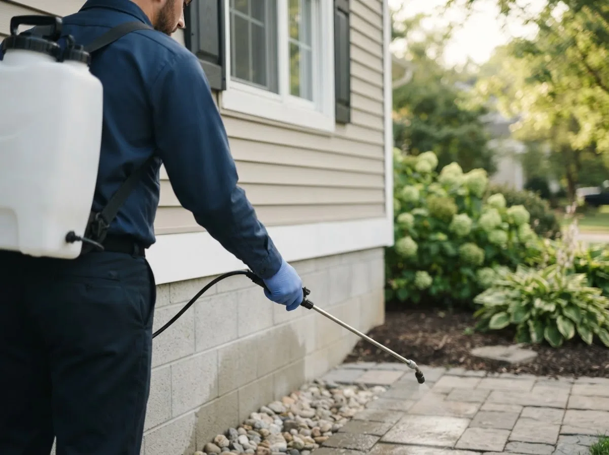 Pest control technician inspecting a home in Mcintire, IA